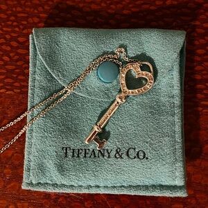 Tiffany & Co. Silver Heart Key Necklace with Aqua Pouch